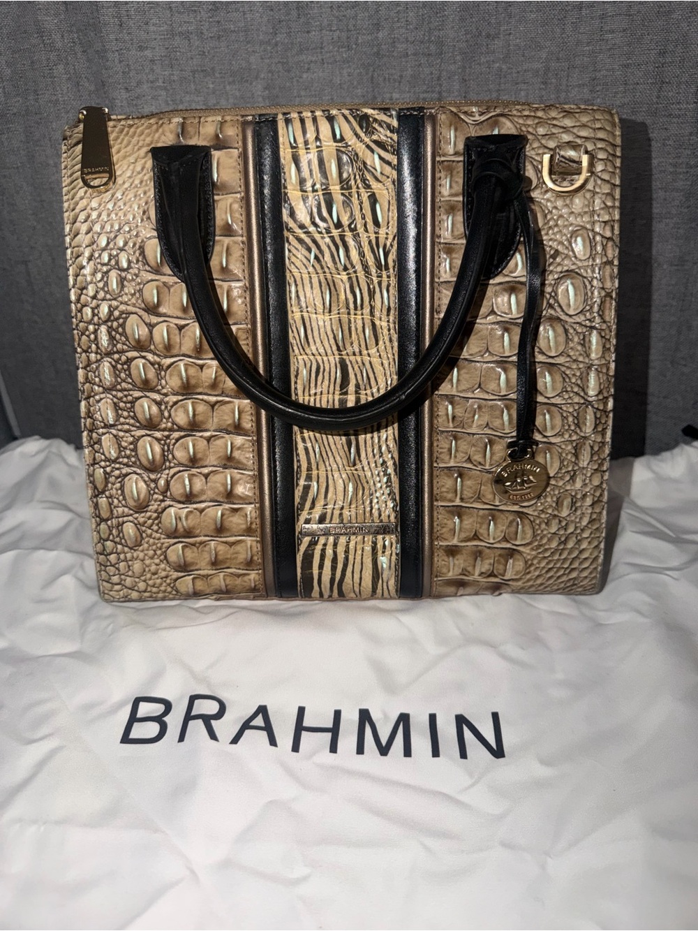 Brahmin Beige Croc-Embossed Tote with Black Trim